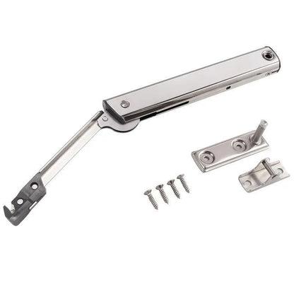Cold rolled steel tatami cabinet support rod with adjustable stop for flap-up doors, stainless steel finish