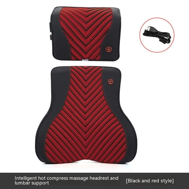 Black and orange electric massage heating car headrest and lumbar support cushion on a vehicle seat.