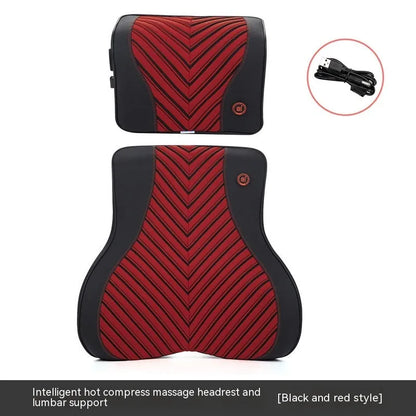 Black and orange electric massage heating car headrest and lumbar support cushion on a vehicle seat.