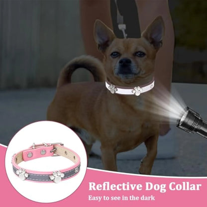 Reflective adjustable dog collar with paw rivet on soft PU leather, showing metal buckle and five adjustment holes
