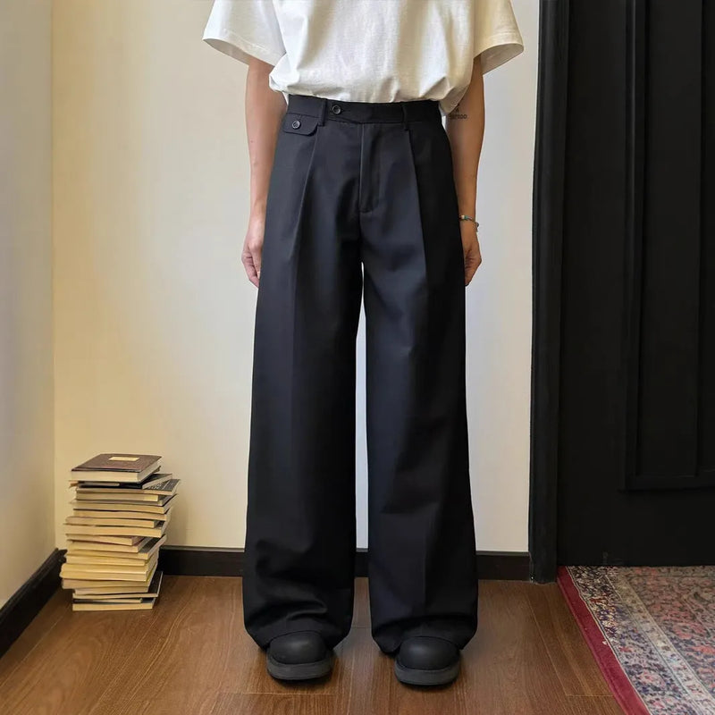 Men's straight-leg casual suit trousers in a loose, wide-leg drape, available in black and brown with five sizes from M to 3XL for a relaxed fit