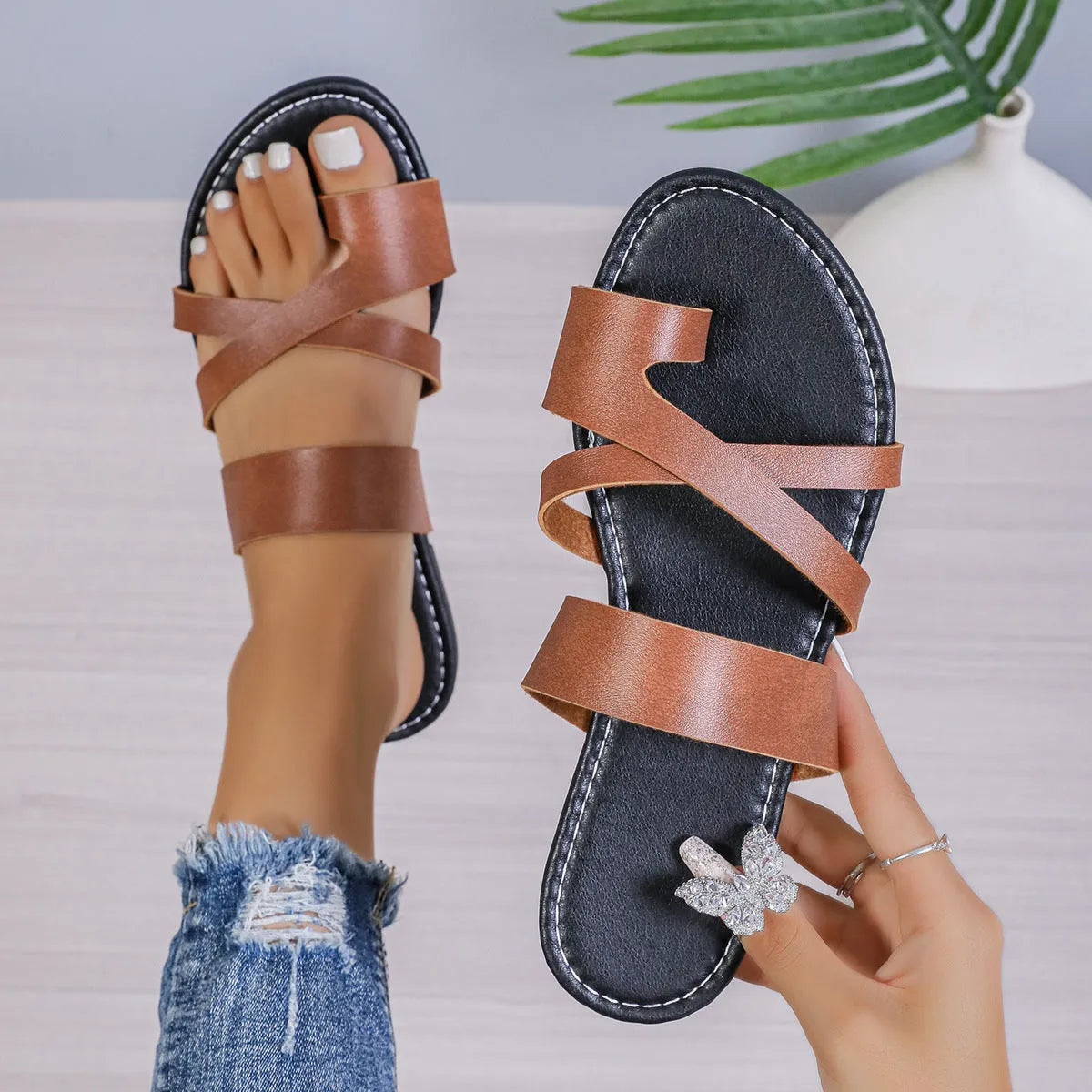 Casual round-toe beach slippers with hollow-out design in black, brown, or wine red.