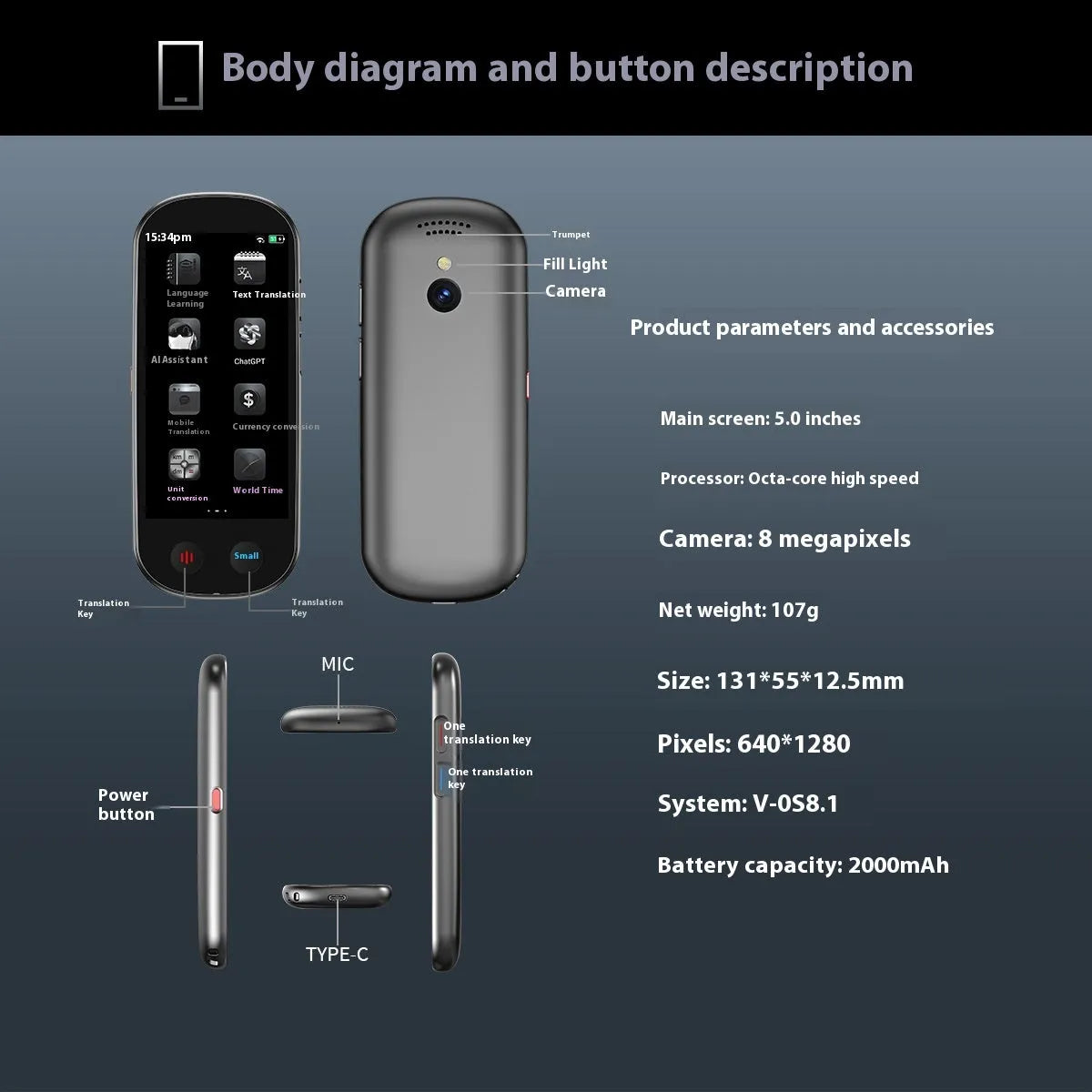 Black multi-language simultaneous interpretation translator device with lanyard and charging cable.