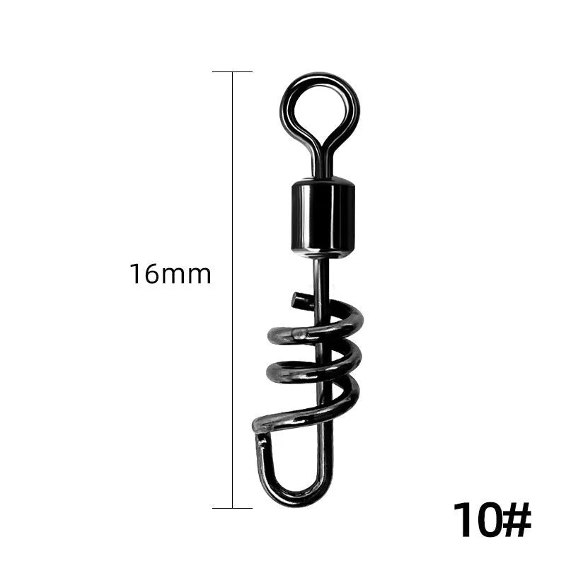 Stainless steel fishing swivel connector with an 8-shaped ring and a copper crimping sleeve on a blue background.