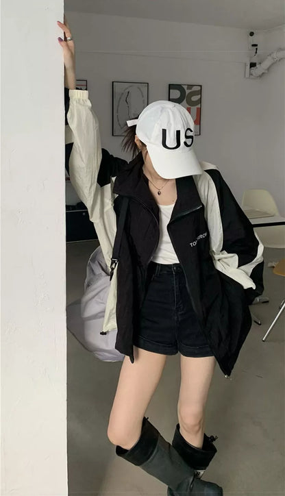 Retro workwear outdoor jacket coat for women with sun protection in black