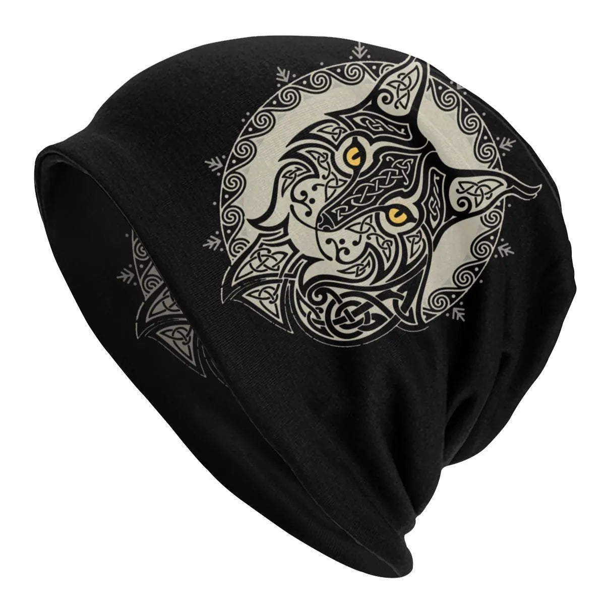 A black cotton hat with a white Viking wolf graphic and an elasticated sleeve cap construction.