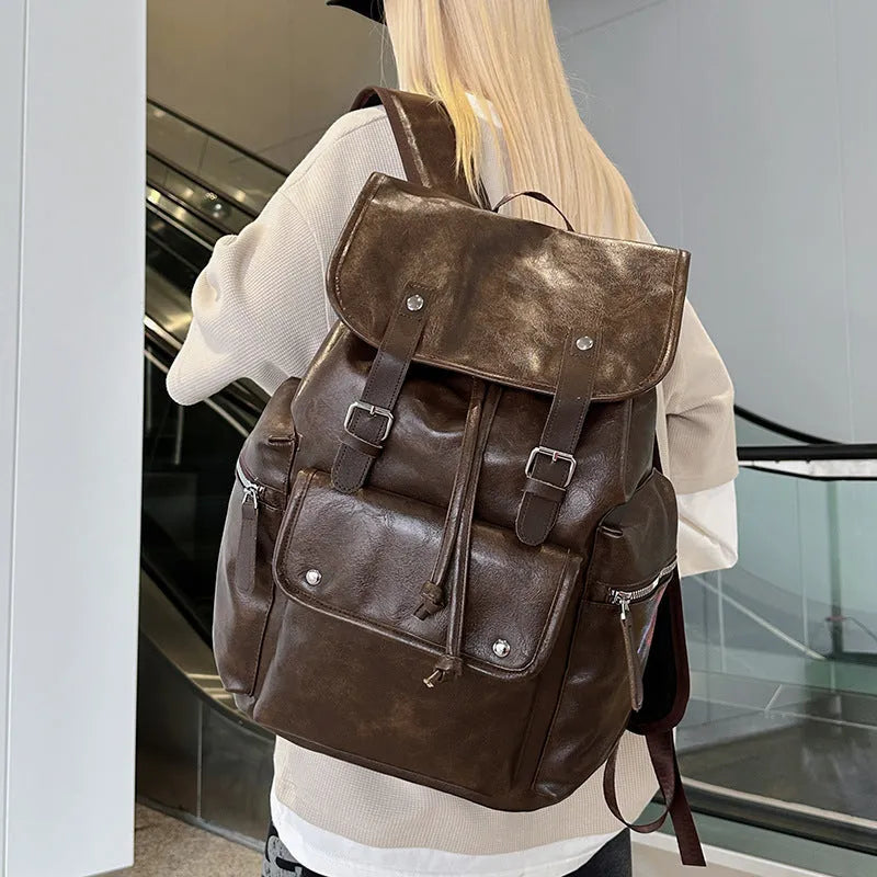Large Capacity Travel Backpack in Solid Colour PU with Curved Shoulder Strap, Waterproof Polyester Lining, Unisex Leisure Rucksack for Travel and Daily Use, Black or Brown