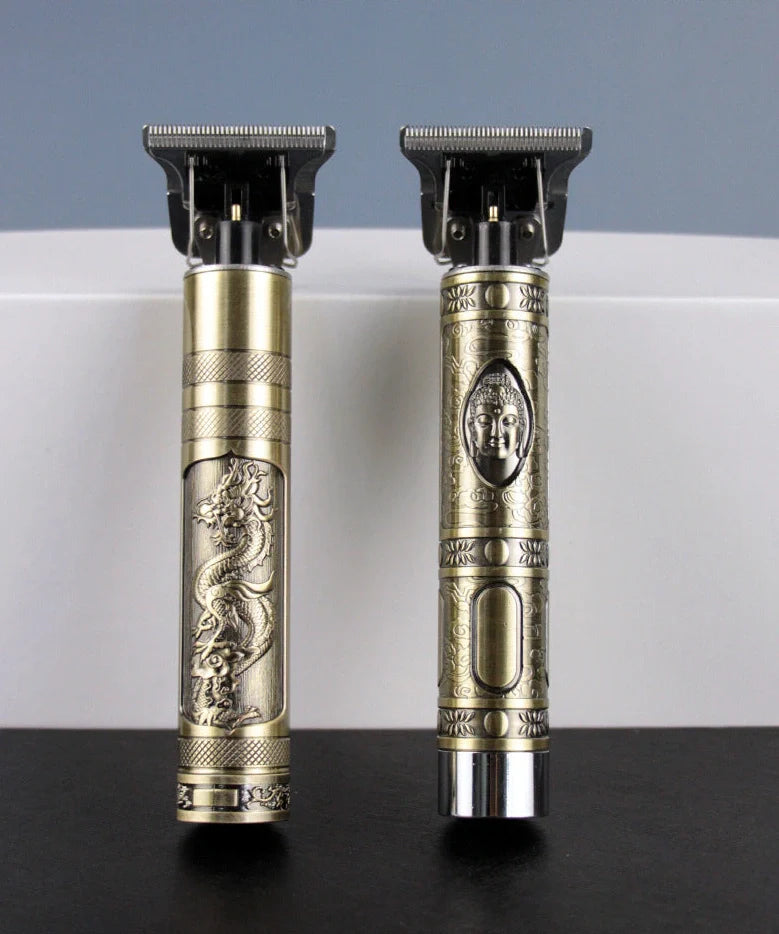 Professional hair clippers with USB charging stand, spare battery, and cleaning tools on salon counter