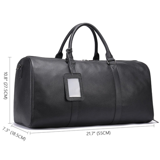 Men's leather excursion bag in black or coffee, 44cm or 55cm length, with single strap and plain design