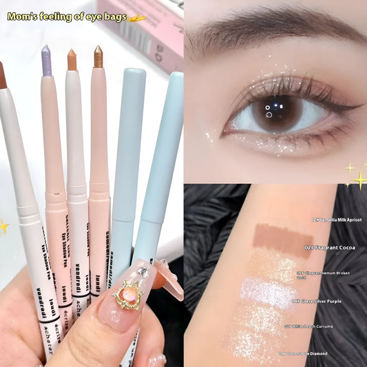 Dual-ended waterproof eyeliner and eyeshadow pencil in a silver casing, showing six colour options.
