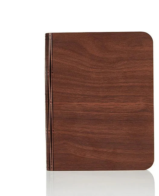 Solid wood USB book light in three sizes showing white and warm white light options.