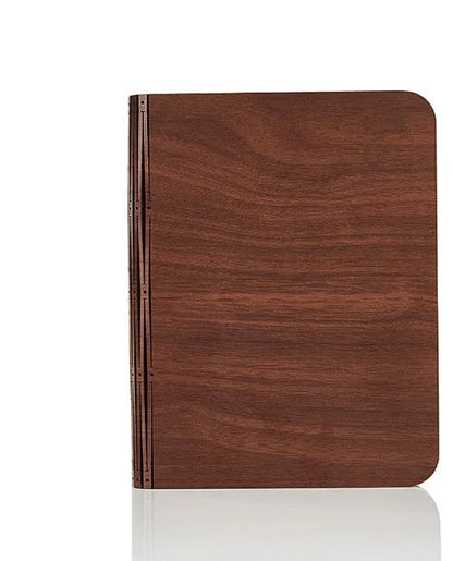 Solid wood USB book light in three sizes showing white and warm white light options.