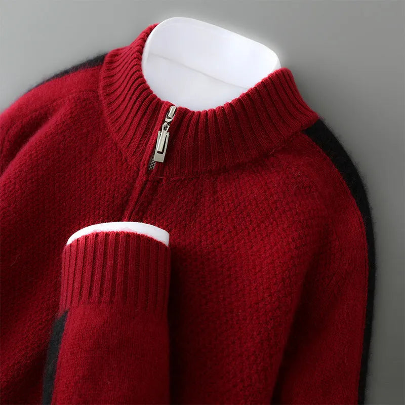 Sheep wool sweater with half-height zip, round neck, and slim fit in raw velvet camel colour