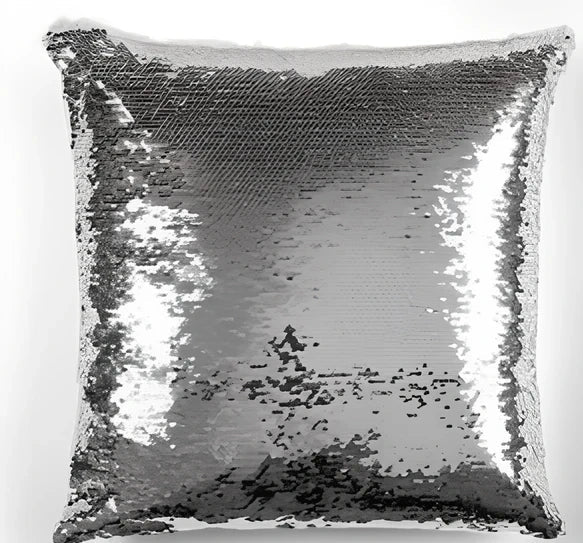 Custom photo sequin cushion cover with 40cm dimensions showing gold and silver luminous design options