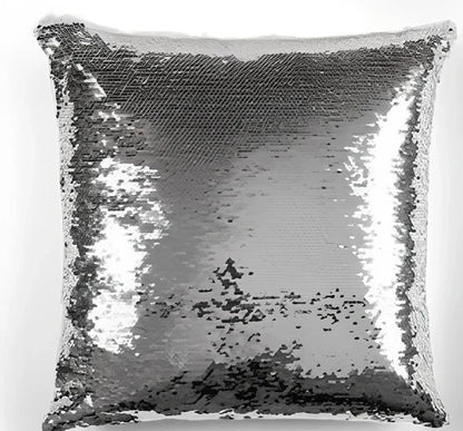 Custom photo sequin cushion cover with 40cm dimensions showing gold and silver luminous design options