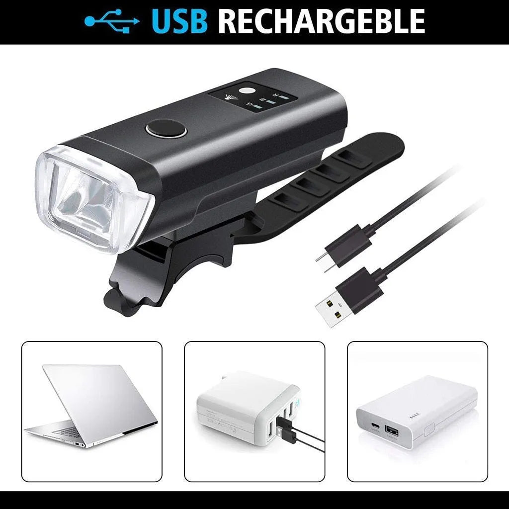Black bicycle front light set with XPG 350 lumens bulb, 1200mAh battery, and light sensor mode, packing size 6.5*8.5*11.5CM