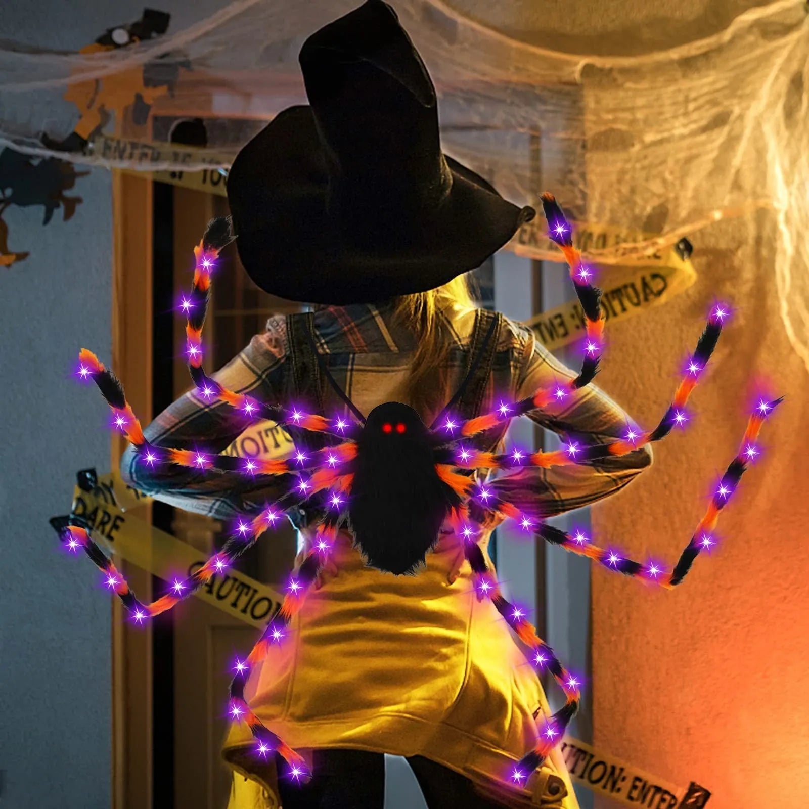 Halloween spider backpack with LED lights in plush material, available in multiple sizes and colours