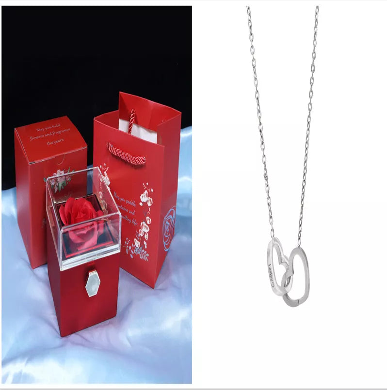 Rotating soap flower rose gift box with jewelry drawer in red, blue, lake blue, or pink