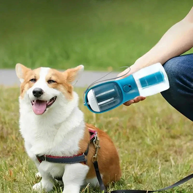 Versatile 3-in-1 pet water bottle with integrated water dispenser, food container, and waste bag compartment