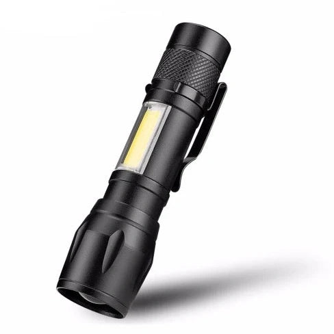 Black mini telescopic LED flashlight showing adjustable focus and pen-like design with clip attachment