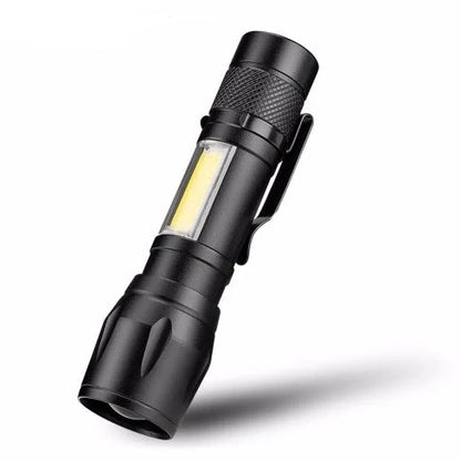 Black mini telescopic LED flashlight showing adjustable focus and pen-like design with clip attachment