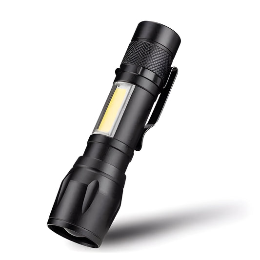 Black aluminium alloy telescopic LED flashlight with a pocket clip, shown zoomed in and out.