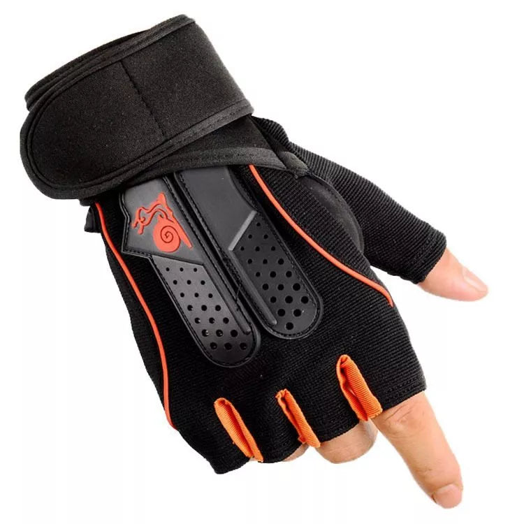 Men's fitness gloves in black with orange, blue, or pink accents, sizes M, L, XL