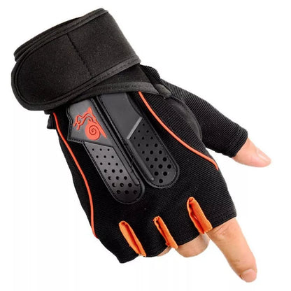 Men's fitness gloves in black with orange, blue, or pink accents, sizes M, L, XL