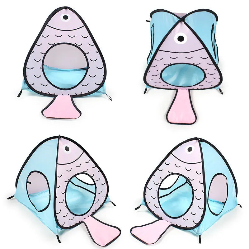 Foldable grey cat tunnel and tent set with fish and paw print design, collapsed flat for storage.