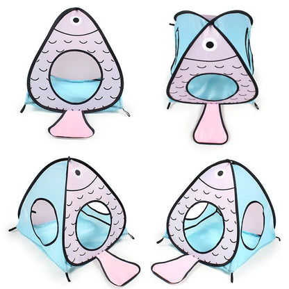 Foldable grey cat tunnel and tent set with fish and paw print design, collapsed flat for storage.
