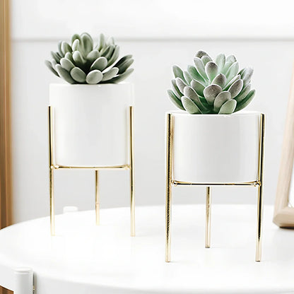 Black iron frame succulent flowerpot with white ceramic insert showing 12.5cm and 16.5cm size options