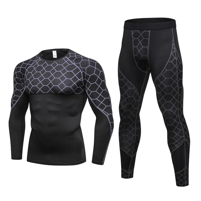 Men's compression athletic wear set with grid pattern, including long-sleeve top and fitted pants in various colors