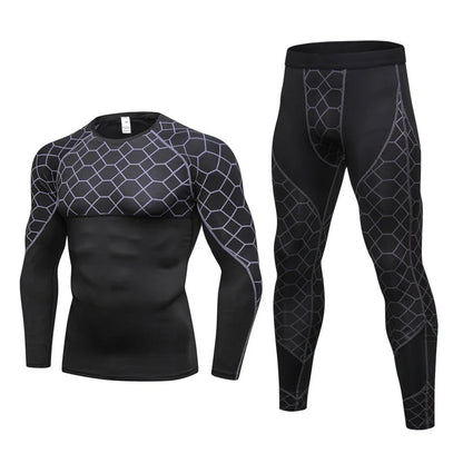 Men's compression athletic wear set with grid pattern, including long-sleeve top and fitted pants in various colors