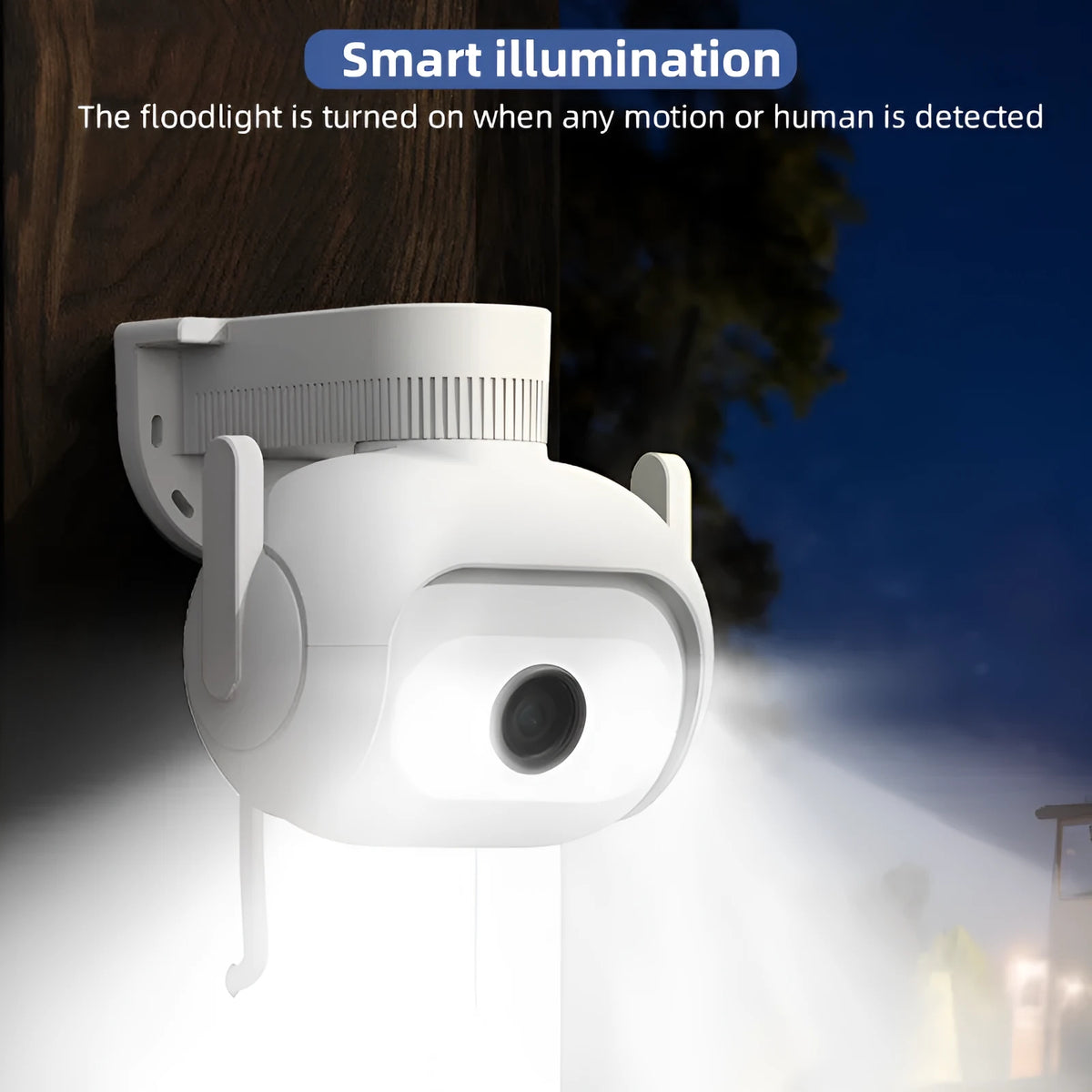 IMILAB EC5 white outdoor security camera with floodlight, 2K resolution, 360° rotation, and IP66 waterproof rating.