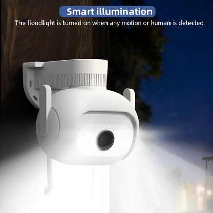 IMILAB EC5 white outdoor security camera with floodlight, 2K resolution, 360° rotation, and IP66 waterproof rating.
