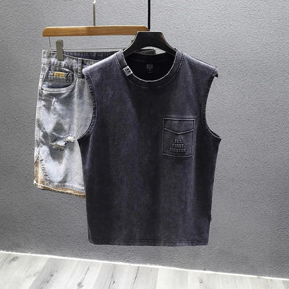 Men's solid colour loose fit cotton sleeveless t-shirt on a hanger, shown in white and black.
