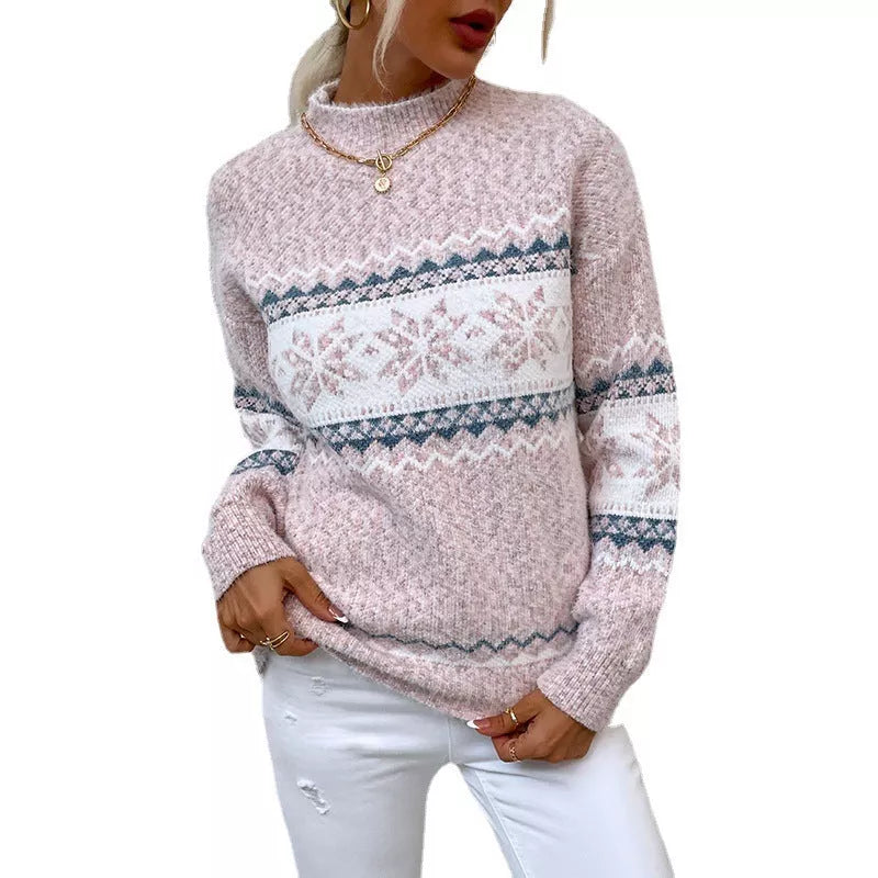 Women's Half Turtleneck Snowflake Jacquard Sweater in various colors