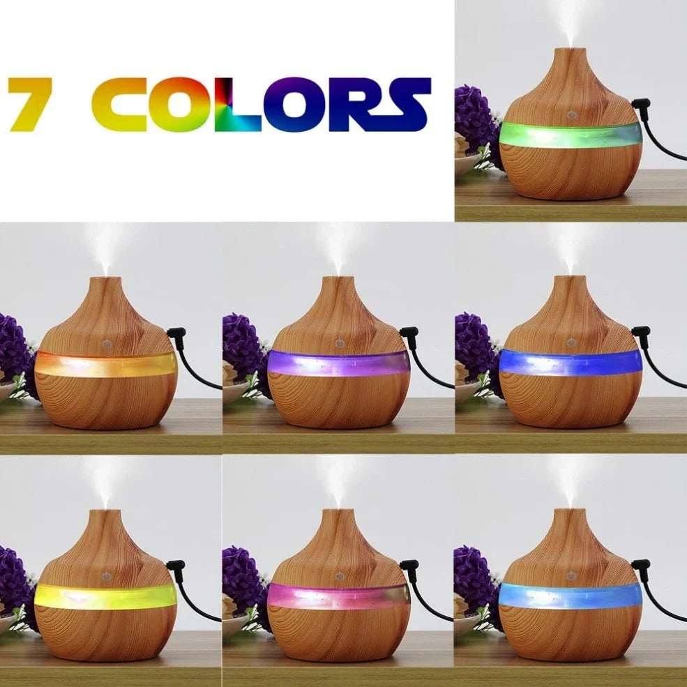 Yellow wood grain USB humidifier measuring 110x110mm with 300ml water tank and LED lighting