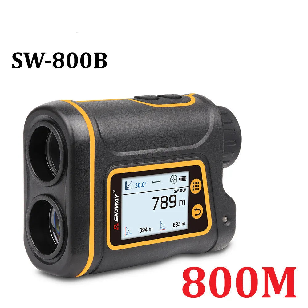 Outdoor handheld golf rangefinder with 1500m range, compact design, and display showing distance measurement