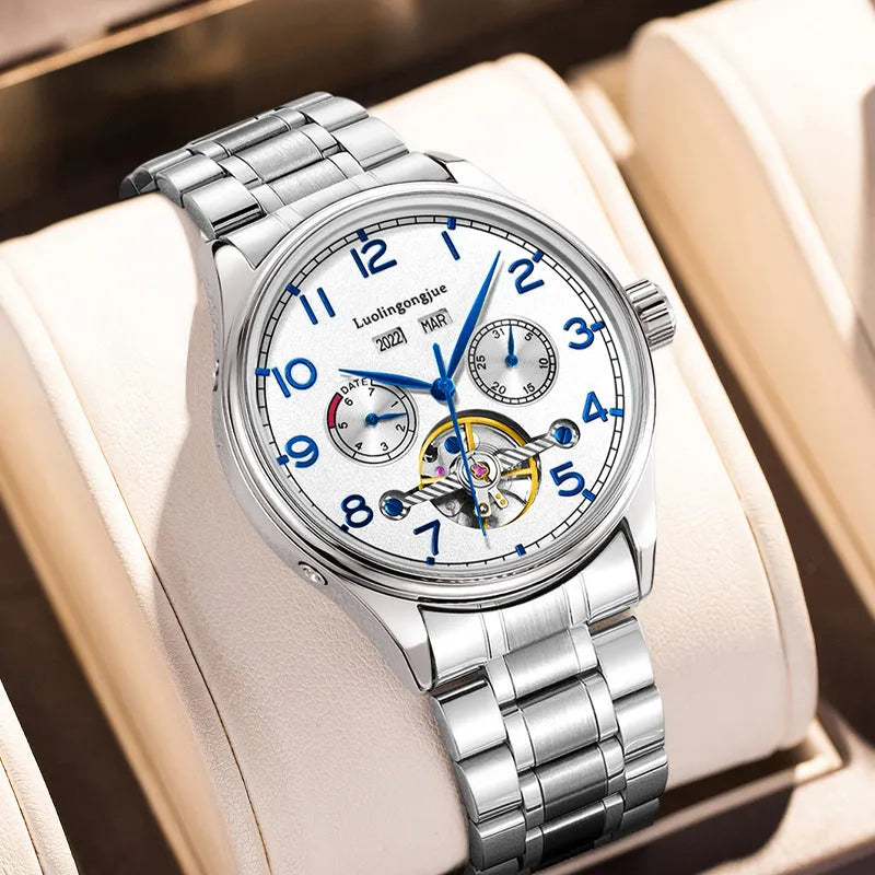 Men's stainless steel mechanical watch with sapphire crystal glass and genuine leather strap on wrist
