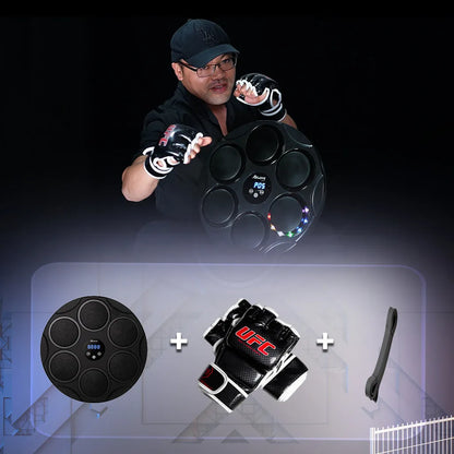 Black smart Bluetooth boxing target with coloured LED lights hanging on wall