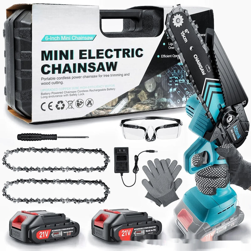Small handheld wireless rechargeable lithium electric saw for logging with 6-inch electric chain, includes two batteries, charger, and safety gear for home garden cutting tasks