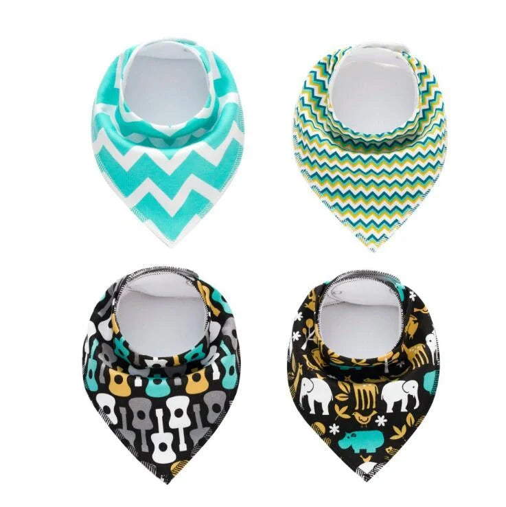 Stylish baby bibs and burp cloths featuring trendy arrow, wave, and triangle designs in soft, absorbent cotton