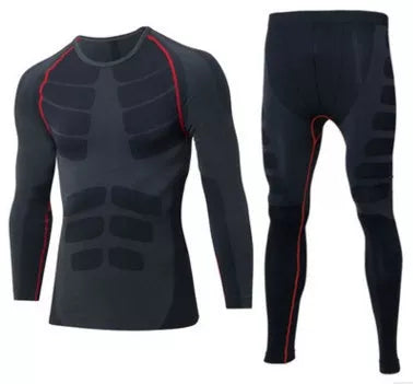 Men's compression training suit in black with red, green, or gray lines for fitness enthusiasts