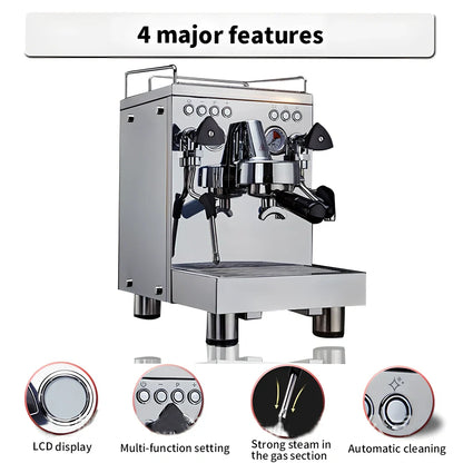 Full semi-automatic espresso machine in silver, 280mm wide with steam wand and UK plug for home brewing