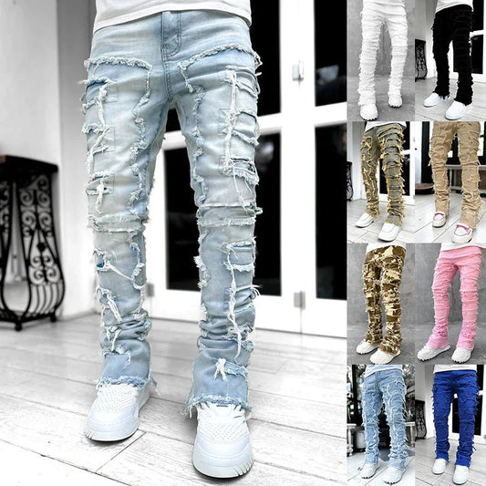 Stylish patched men's jeans with tight, stacked fit and variety of vibrant color options