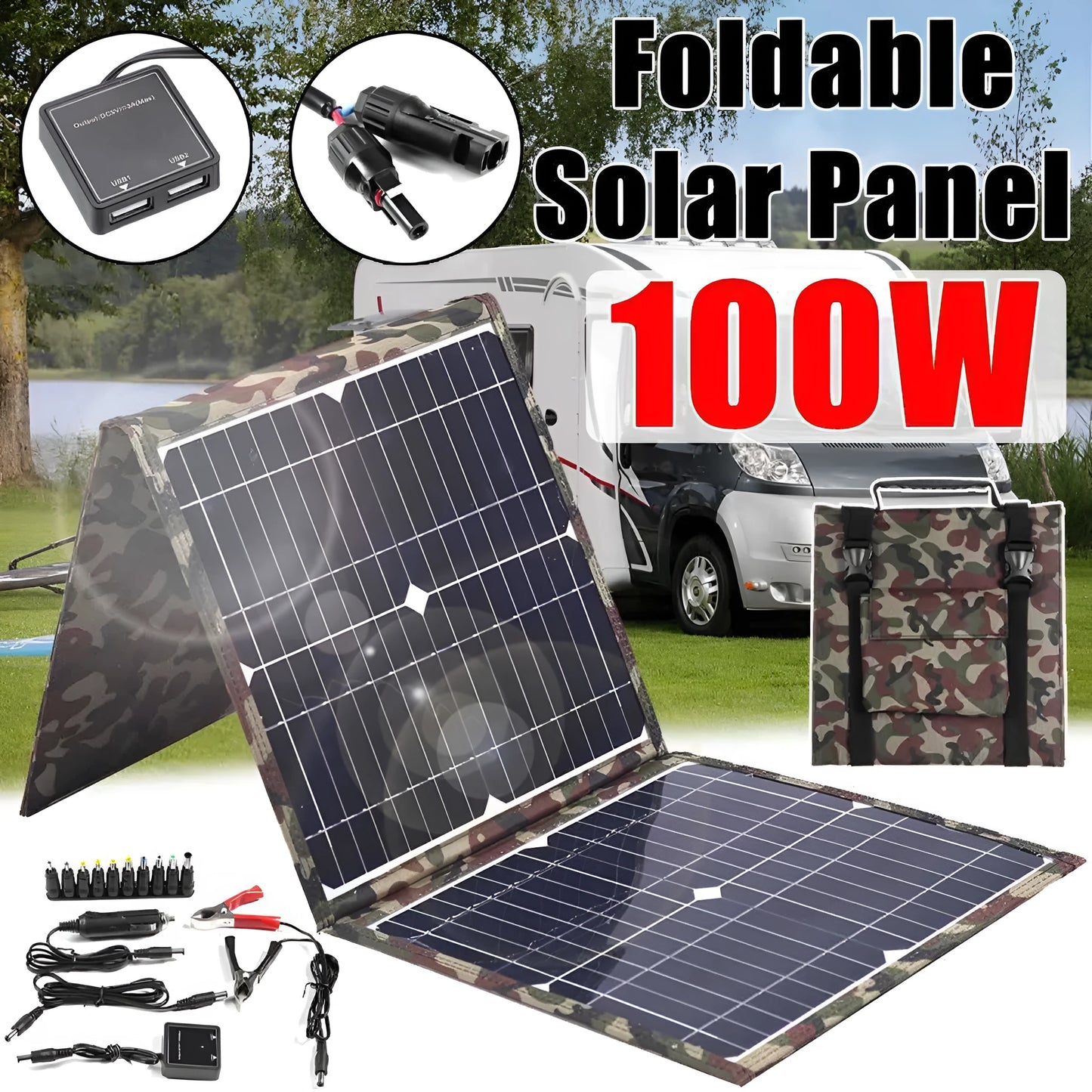 Black foldable portable solar panel unfolded showing solar cells, with included car charger and USB adapter.