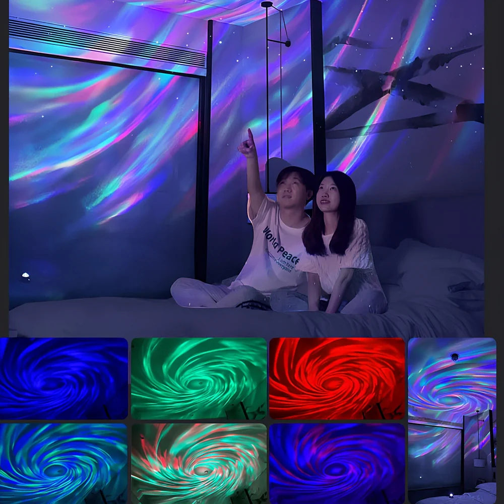 White Swirl Moon Star Laser Atmosphere Lamp projecting celestial patterns with remote control