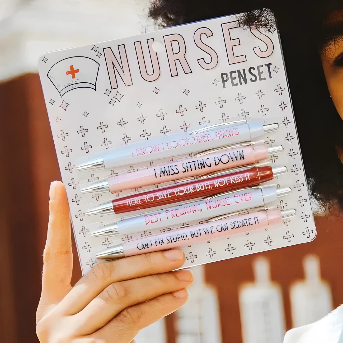 Five nurse cartoon theme retractable ballpoint pens in plastic construction