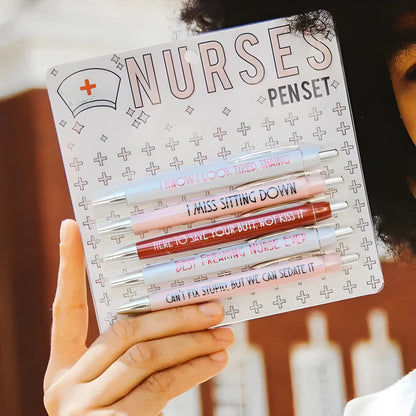 Five nurse cartoon theme retractable ballpoint pens in plastic construction